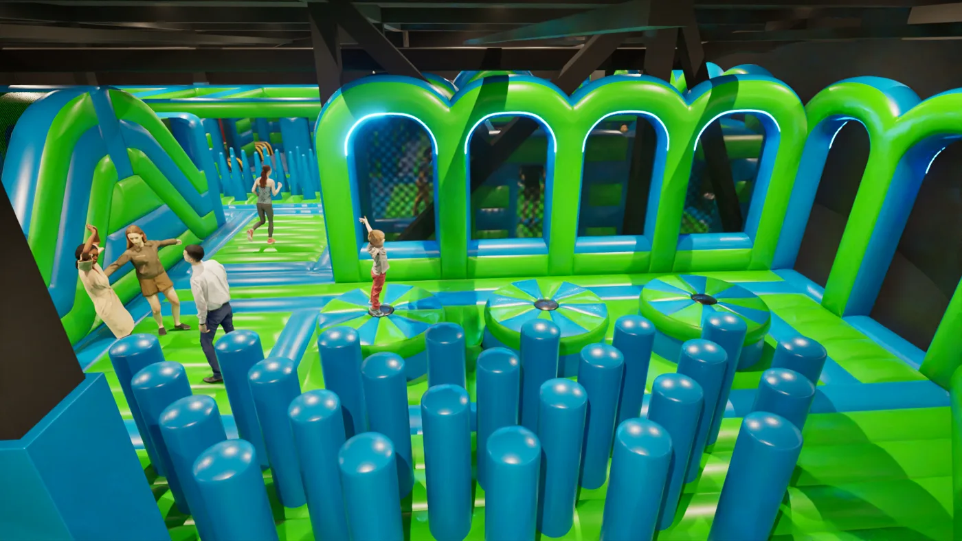 A render of a section of the inflatable park with rows of upright blue pillars, a row of lit arches and children jumping on round pads