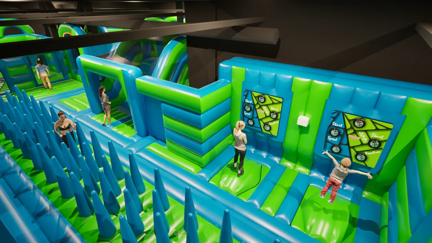A render of a climbing section with a field of blue inflatable spikes and children at an interactive wall panel