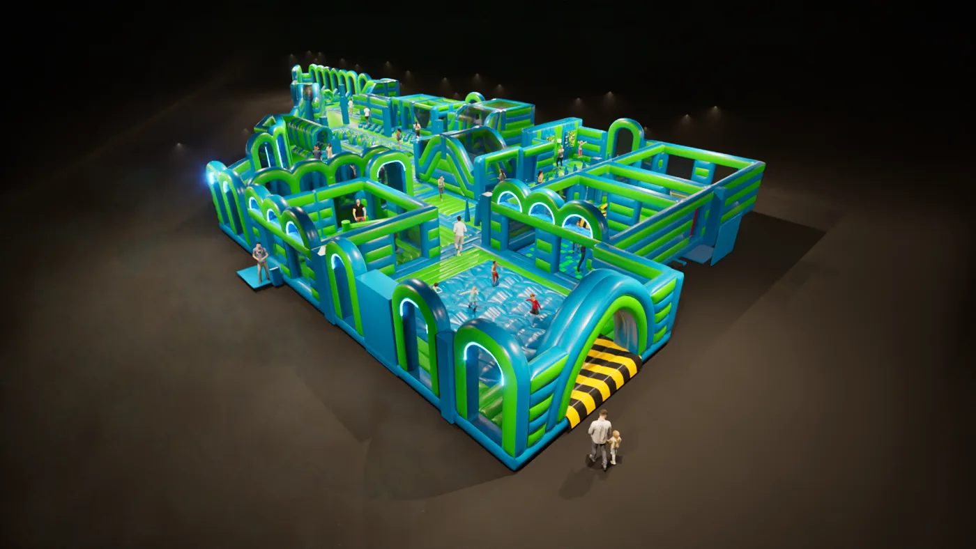 An overhead render of the whole inflatable course laid out in a dark hall, with small figures moving through it