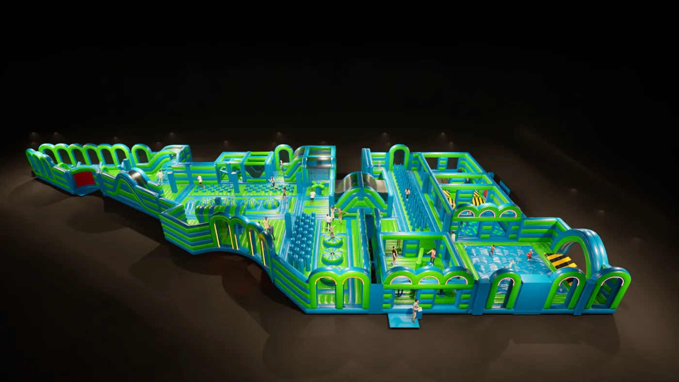 A wide render of the whole inflatable course from a low corner, with its long run of blue and green sections