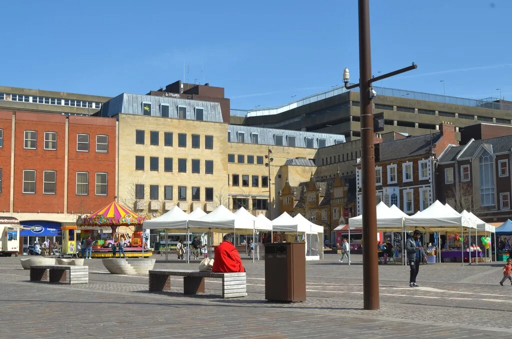 Northampton Market Square, rebuilt and back in use, where the switch-on is held